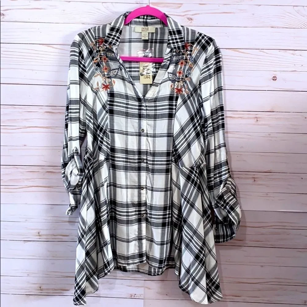 Vintage America Blues Embroidered Plaid  Button Down Shirt